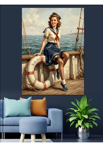 Gemide Can Simidiyle Oturan Pin-up Dekoratif Kanvas - Mdf Ahşap Tablo