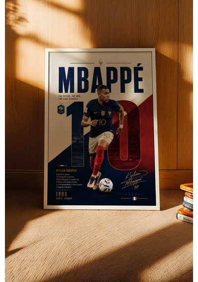 Mbappe Çerçeveli Tablo Lüks Futbolcu Duvar Posteri Premium Odası Dekoru Sporcu Hediyesi Beyaz
