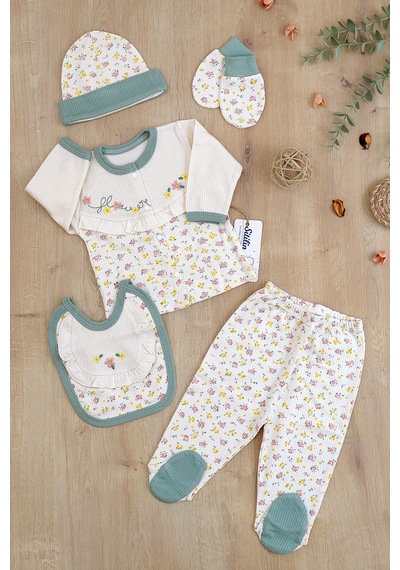 Sitilin Kız Bebek Natural Pamuk Kumaş Yeşil 5 Li İşlemeli Lüks Hastane Çıkışı Seti Stl6792 Beyaz