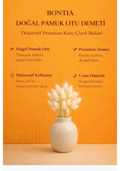 Doğal Pamuk Otu Demeti Dekoratif Kuru Çiçek, Uzun Ömürlü Premium Lagurus Doğal Renk