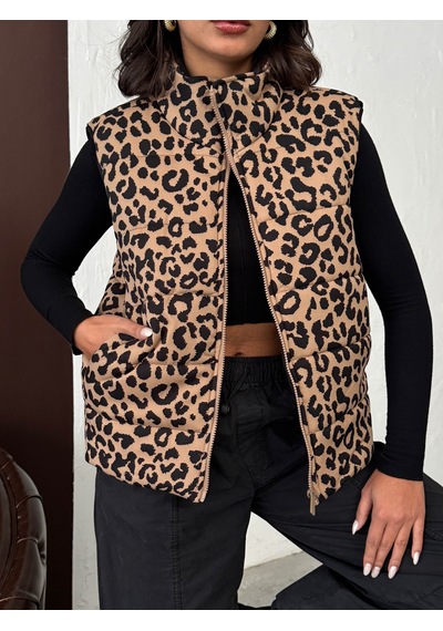 Verymoda Leopar Desenli Kapitone Yelek Vmf1785 Vizon Siyah