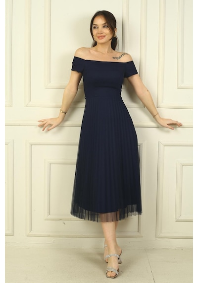 By Saygı Madonna Yaka Astarlı Eteği Şifon Pilisoley Elbise-40138 Lacivert
