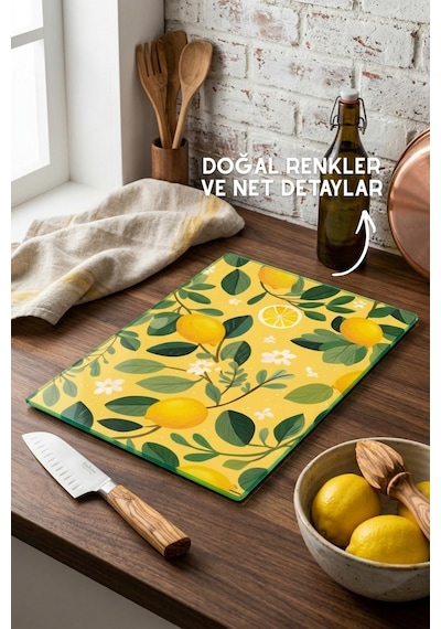 Limon Desenli Cam Kesim Tahtası - 25x35cm -dayanıklı Ve Pratik Kesim Matı Sarı