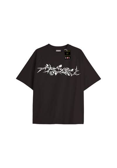 Flood Of Style Siyah Oversize T-shirt Gül Yaprak Dal Özel Tasarım