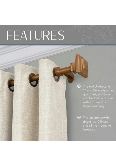 Elrene Home Fashions Florence Tek Perde Çubuğu, Yığılmış Kare Süslü, 2,54 Cm Çap, Yumuşak Altın , 28 X 48 Diğer