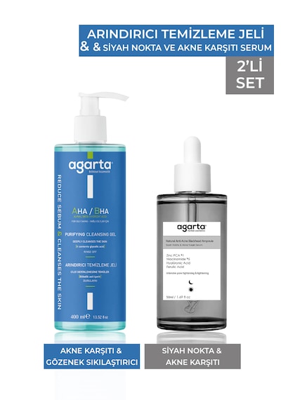 Agarta Akne ve Siyah Nokta Karşıtı Serum 50 ML + Arındırıcı Yüz Temizleme Jeli Mavi 400 ML