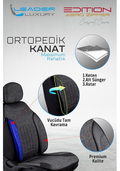 Citroen C5 Aircross İle Uyumlu Lüx Deri Detaylı Keten Oto Koltuk Kılıfı Ön Arka Takım Edition Serisi Siyah Genel