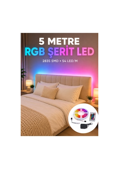 Tek Najma 2835 Rgb Şerit Led 5 Metre 54 Led/m Uzaktan Kumandalı Renkli Dekorasyon Işığı Yeni Standart