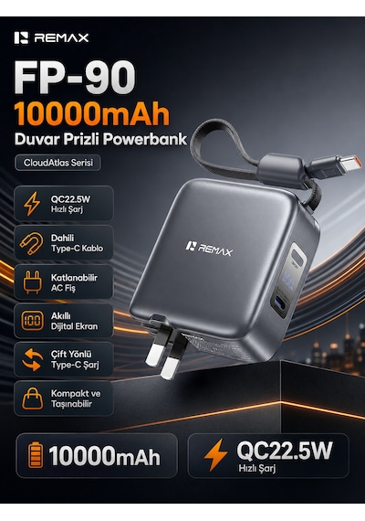 Remax Cloudatlas 10000mah 22.5w Dahili Type-c Kablolu & Katlanır Fişli Powerbank Adaptör Fp-90 Mat Gri Koyu Gri