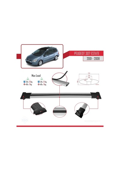Peugeot 307 Estate 2001-2008 Arası İle Uyumlu Fly Model Ara Atkı Tavan Barı Gri