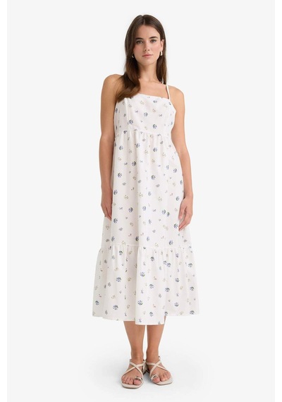 Defacto Kare Yaka Floral Poplin Askılı Midi Elbise F8909ax25auwt32 Beyaz