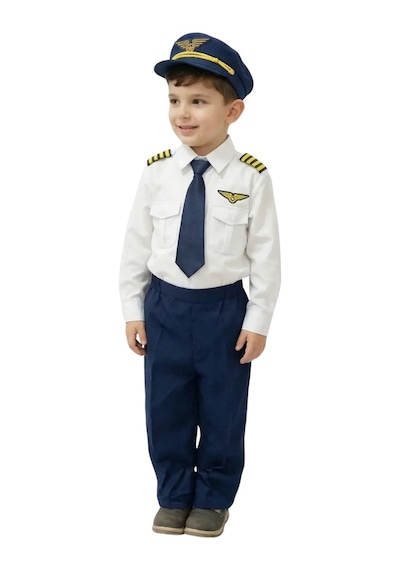 Uzun Kol Gömlekli Apoletli Erkek Çocuk Pilot Kostümü