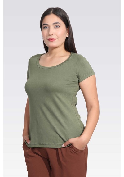 Tolga Saraçoğlu Minimalist Yuvarlak Yaka Kısa Kol Kadın T-shirt - Günlük Kullanım Haki