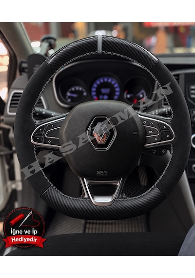 Renault Arkana Dikme Direksiyon Kılıfı Alcantara Süet Mat Karbon Gri Yüzük Ve Dikiş 2021-2024
