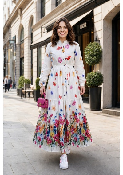 Hb Harma Time Butik Kadın Düğmeli Çiçek Desenli Modal Beyaz Elbise