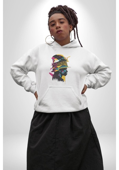 Canlı Afrobeat Füzyon Renkli Siluet Kadın Erkek Beyaz Kapüşonlu Sweatshirt Hoodie Beyaz