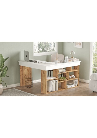 Corner Kitaplık Raflı Çalışma Masası Çam-antrasit Cor5-aw Beyaz - Çam