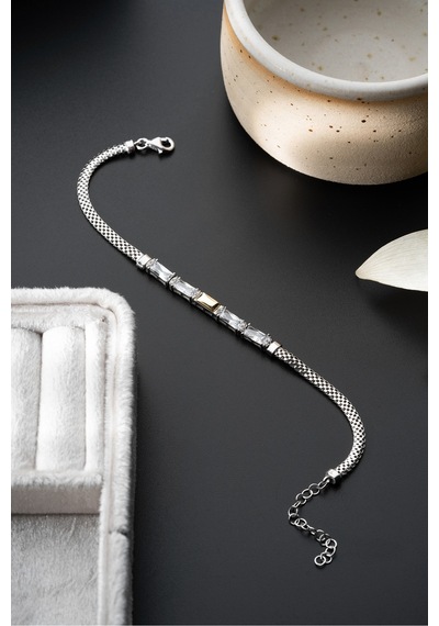 Çekirdekjewelry Baget Zirkon Taşlı 925 Ayar Gümüş Şık Kadın Bileklik Gri