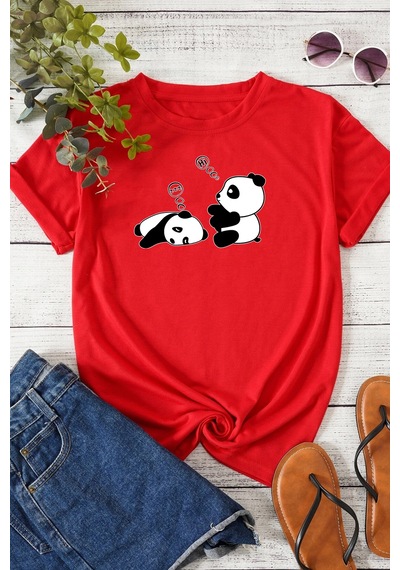 Unisex Uykucu Panda Baskılı Tasarım Tshirt Kırmızı