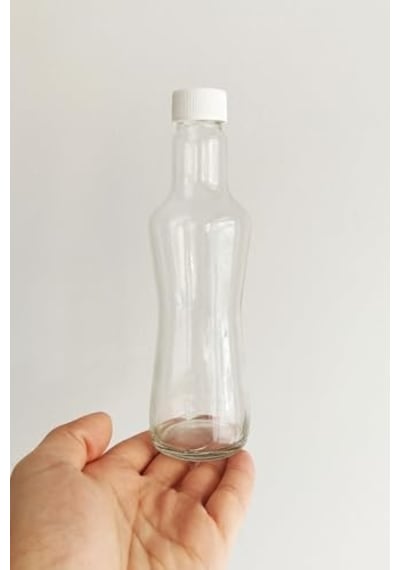 250 Ml Şeffaf İnce Belli Kapaklı Cam Şişe 250 Cc Meşrubat Şişesi 6 Adet Beyaz Kapak 7009