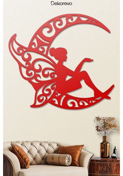 Peri Ve Hilal Ay Metal Duvar Tablosu - Metal Duvar Tablosu - Kırmızı - 45 X 50 Cm