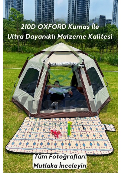 4-8 Kişi 6 Gen Kamp Çadırı Taşınabilir Otomatik Çadır Güneşlik Kamp Hızlı Açık Çadır 280 280 158 Bej