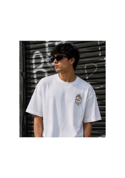 Qmen Style Unisex Beyaz Oversize Baskılı T-shirt Eriyen Dolar %100 Pamuk