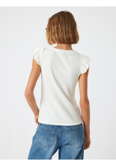 Koton Fırfırlı Karpuz Kol Tişört Yuvarlak Yaka Ribanalı Slim Fit Beyaz 5wak10179ek Beyaz