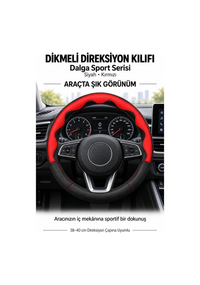 Trobus Dacia Sandero 2008-2012 Uyumlu Dikmeli Direksiyon Kılıfı Dalga Sport Deri Siyah Kırmızı Siyah - Kırmızı