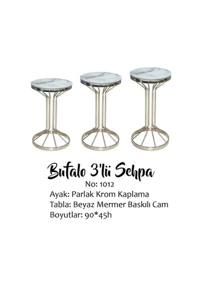 Zigon Brc Bufalo Model  Beyaz Mermer Temper cam Metal GÜMÜŞ Renk Kaplama Metal Ayak El Yapım