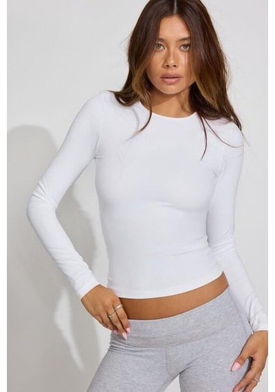 Seeh Beyaz Bisiklet Yaka Basic Uzun Kollu Body Sh142