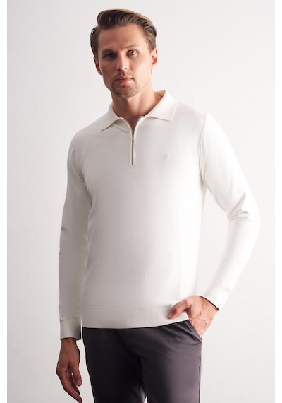 İmza Ekru Uzun Kol Fermuarlı Yaka Cepsiz Slim Fit Triko 1012255150 Ekru