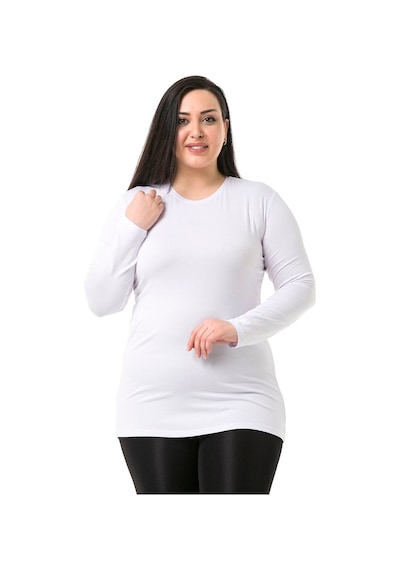 Disentis Büyük Beden Bisiklet Yaka Uzun Kollu Viskon Beyaz Body Beyaz