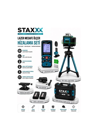 Staxx St4dlz Şarjlı Lazer Mesafe Ölçer 80m Lazer + 360 Derece Yeşil Lazer Hizalama Cihazı Seti