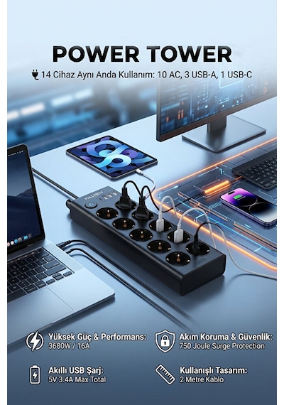 10'lu Akım Korumalı Priz 3680 Watt Koruma 16a 3 Usb + 1 Type-c Anahtarlı 2 Metre 2 M