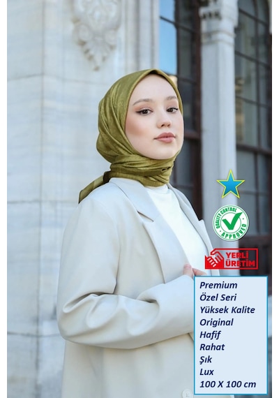 Eşarp - Premium Lux Original Monogram Eşarp İpek Vual, Yüksek Kalite, Hafif, Rahat, Şık, Scarf Yağ Yeşili