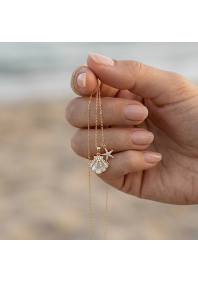 925 Ayar Gümüş Altın Kaplama Sedefli Midye Kabuğu Ve Deniz Yıldızı Kolye Gold