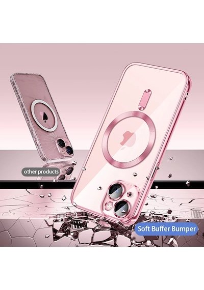Apple Uyumlu iPhone 17 İçin Magsafe İle Kılıf Kamera Lensli Korumalı Şeffaf Silikon Kapak Rose Gold