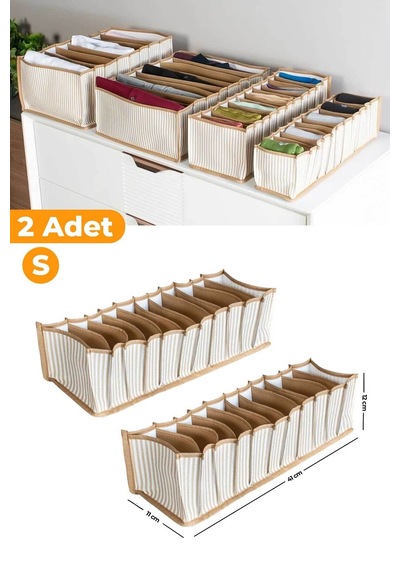 Serstil 2 Adet - 11 Gözlü Çekmece Içi Bej Çizgili Düzenleyici Organizer - Small - 11 X 41 X 12 Cm Bej-s