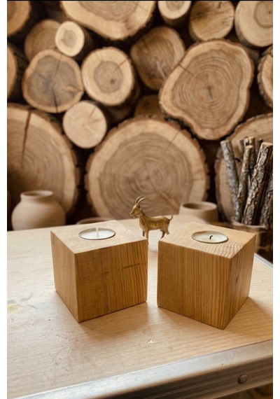Doğal Masif Ahşap Küp Mumluk - 2'li Set Hediyelik Tealight Mum Tutucu Dekoratif Obje