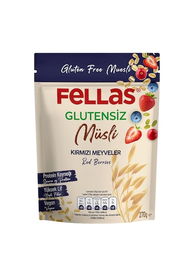 Fellas Glutensiz Müsli 270 G Kırmızı Meyveli - Yüksek Lifli Vegan Kahvaltılık 8'li Avantaj Pake Tarı
