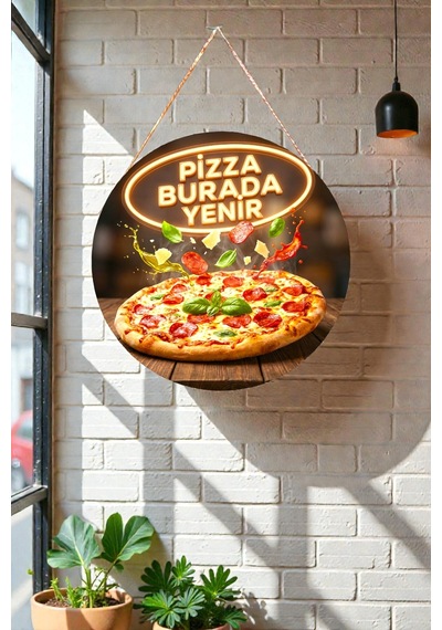Pizza Burada Yenir İpli Mdf Ahşap Kapı Duvar Süsü, Cafe, Restoran, Salon Dekoratif Tablo