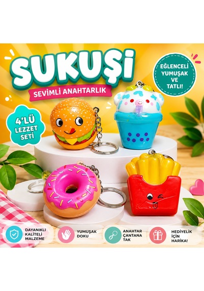 4 Adet Mini Fast Food Sukuşi Set Yumuşak Duyusal Oyuncak Hamburger Patates Donolt Cupcake Anahtarlık
