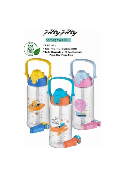 Uzspace 730ml Tritan Tek Kapak Çift Kullanım Pipetli/pipetsiz Askı Aparatlı Tritan Çocuk Su Matarası Genel