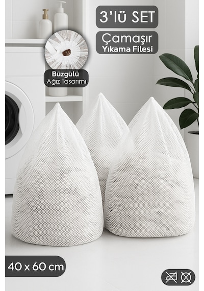 3'lü İpli Çamaşır Yıkama Filesi Seti - Koruyucu Çamaşır Yıkama Torbası 40x60 Cm Beyaz