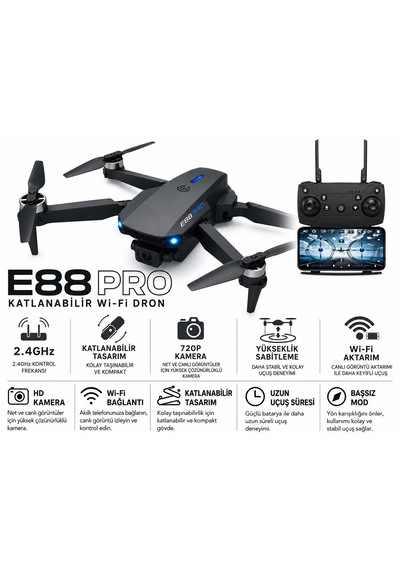 E88pro-e99pro 2.4ghz Katlanbilir Drone 720p Sabit Kalabilme Telefon Tutuculu Kumanda Tek Tuş İniş Kalkış