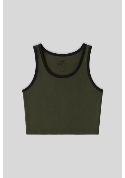Tommy Life Haki Basic Sıfır Kol Dar Kalıp U Yaka Kadın Crop Top Atlet - 97162 Haki