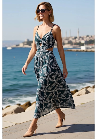 Benerly Kadın Askılı V Yaka Brode İşlemeli Maxi Slip Elbise %100 Pamuk Do Petrol