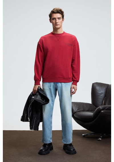 Grımelange CASPIAN Erkek %100 Pamuk Bisiklet Yaka Karyoka Dikişli Baskılı Kırmızı Sweatshirt