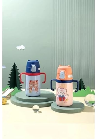 Rovco 400ml Silikon Pipetli Sevimli Ayıcıklı Boyun Askılı Bebek Kulplu Paslanmaz Çelik Termos Turuncu Genel